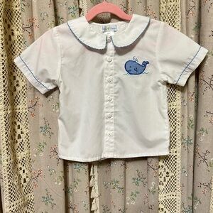 Petit Pomme Whale Embroidered Peter Pan Collar Shirt 3T
